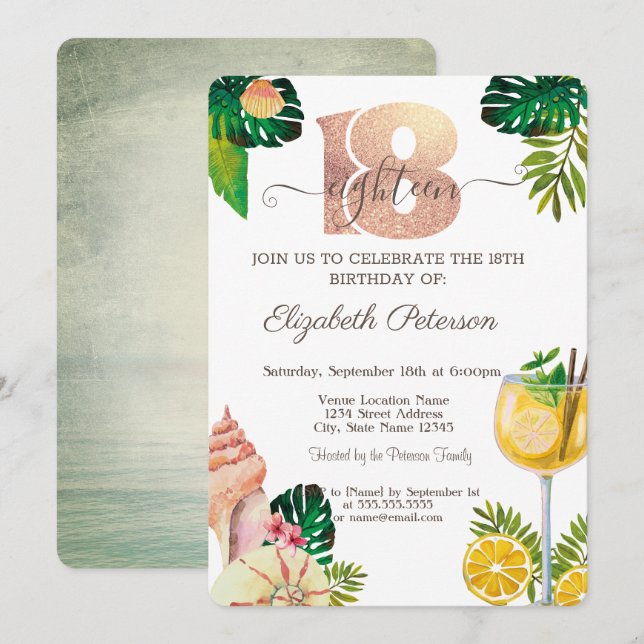Palm Leaf Seashells Cocktail Summer 18th Birthday  Invitation (Front/Back)