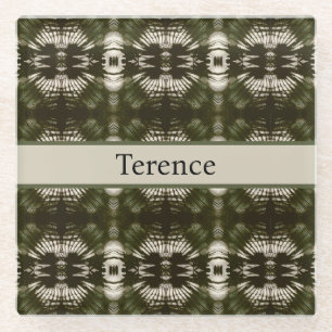 Palm Leaf Shadow Army Green, customizable Glass Coaster