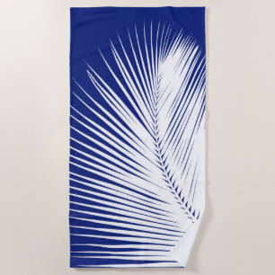 Palm Leaf Silhouette, Navy Blue and White Beach Towel