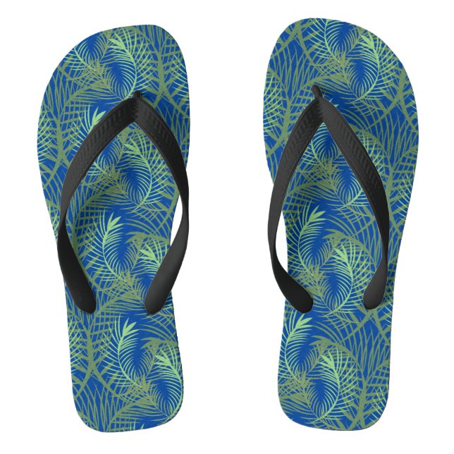 Palm Leaf Tree Green Blue Beach Flip Flops (Footbed)