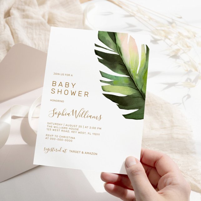 Palm Leaf Tropical Floral Modern Baby Shower Invitation (Creator Uploaded)