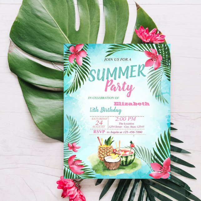 Palm Leaf,Tropical Flowers,Fruits  Birthday Party Invitation (Creator Uploaded)