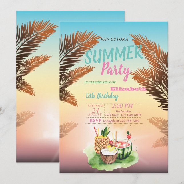 Palm Leaf,Tropical Fruits  Birthday Party Invitation (Front/Back)
