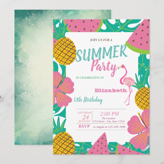 Palm Leaf,Tropical Fruits Pink Flamingo Birthday  Invitation (Front/Back)