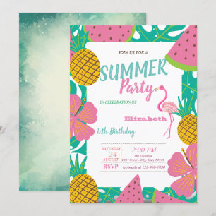 Palm Leaf,Tropical Fruits Pink Flamingo Birthday  Invitation