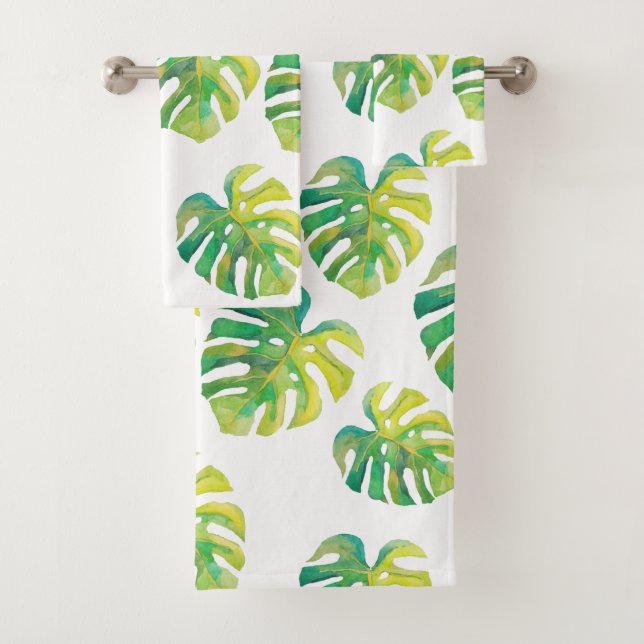 Palm Leaf Tropical Hawaii Summer Vibe Greenery Bath Towel Set (Insitu)