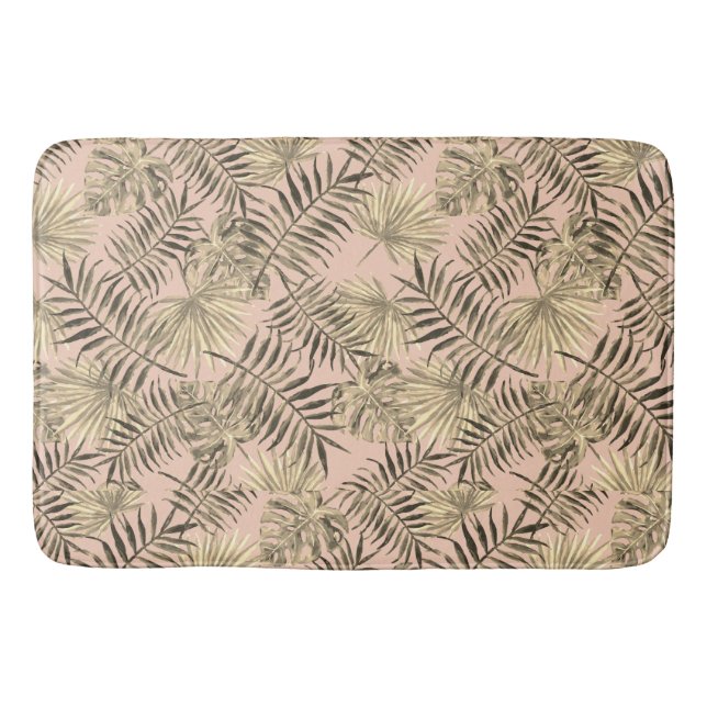 Palm leaf tropical peach pink and gold bath mat (Front)