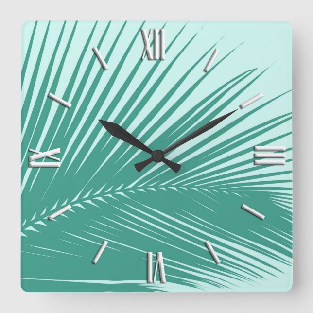 Palm leaf - Turquoise and aqua Square Wall Clock (Front)