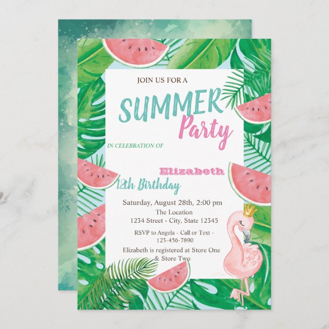 Palm Leaf Watermelon Pink Flamingo Birthday Party Invitation (Front/Back)