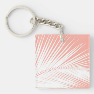 Palm leaf - white on coral pink keychain