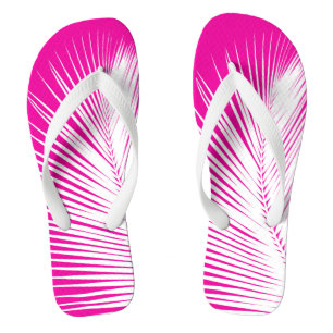 Palm leaf - white on fuchsia pink flip flops