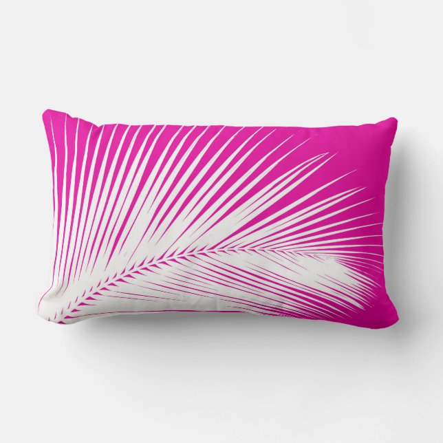 Palm leaf - white on fuchsia pink lumbar pillow (Front)