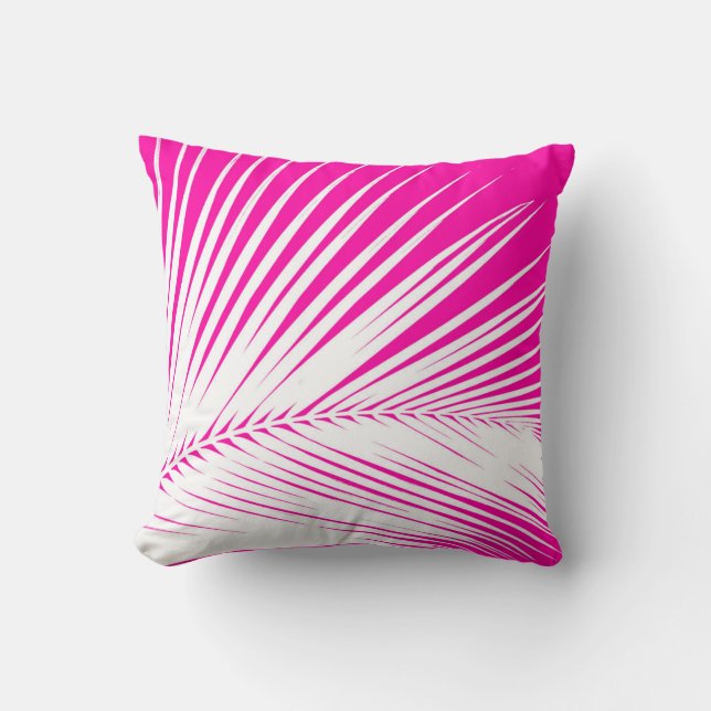 Palm leaf - white on fuchsia pink throw pillow (Front)
