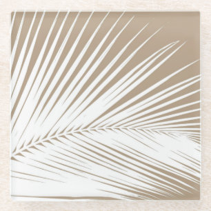 Palm leaf - white on taupe tan glass coaster