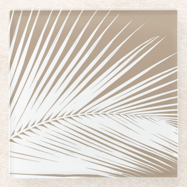 Palm leaf - white on taupe tan glass coaster (Front)