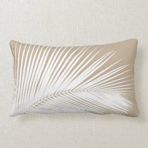 Palm leaf - white on taupe tan lumbar pillow