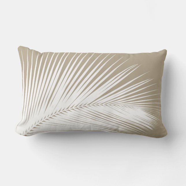 Palm leaf - white on taupe tan lumbar pillow (Front)