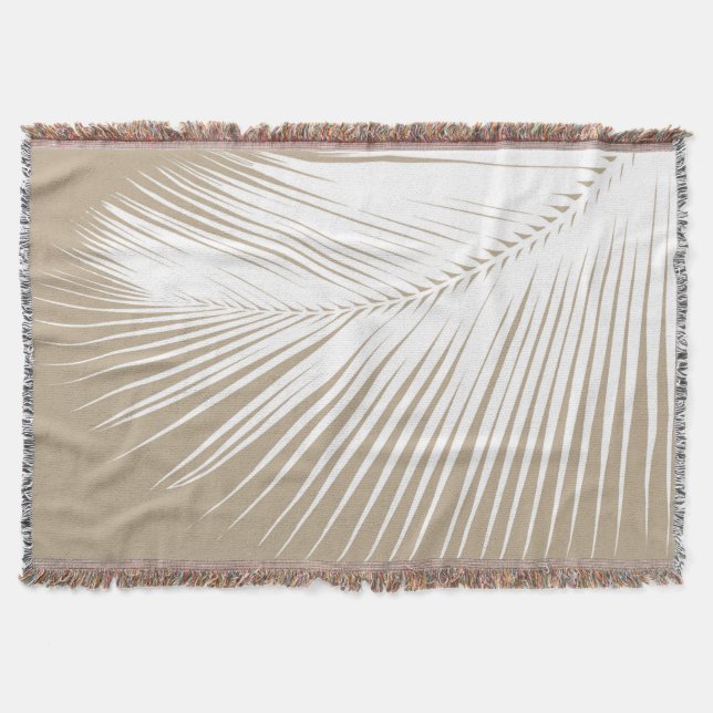 Palm leaf - white on taupe tan throw blanket (Front)