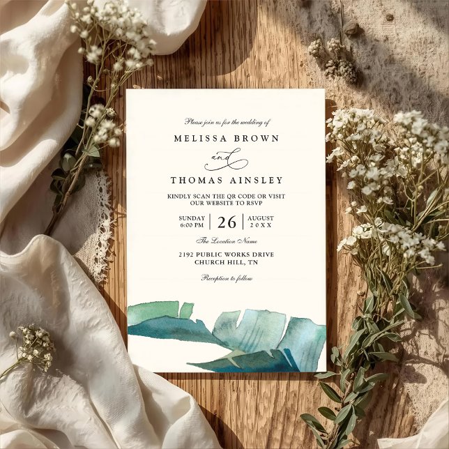 Palm Leave Green Elegant Modern QR Code Wedding Invitation (Creator Uploaded)
