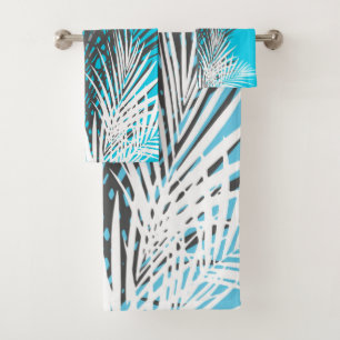 Palm leaves, abstract, modern, teal, grey, white bath towel set