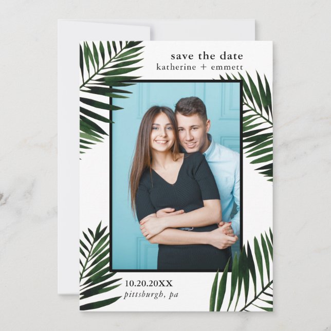 Palm Leaves and Dots Save the Date Photo Card (Front)