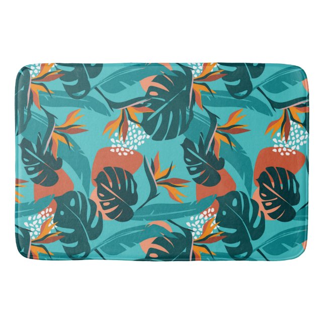 Palm leaves and hibiscus flower tropical pattern bath mat (Front)