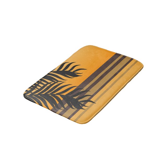 Palm Leaves and Orange Ocean Sunset Stripes Bath Mat (Angled)