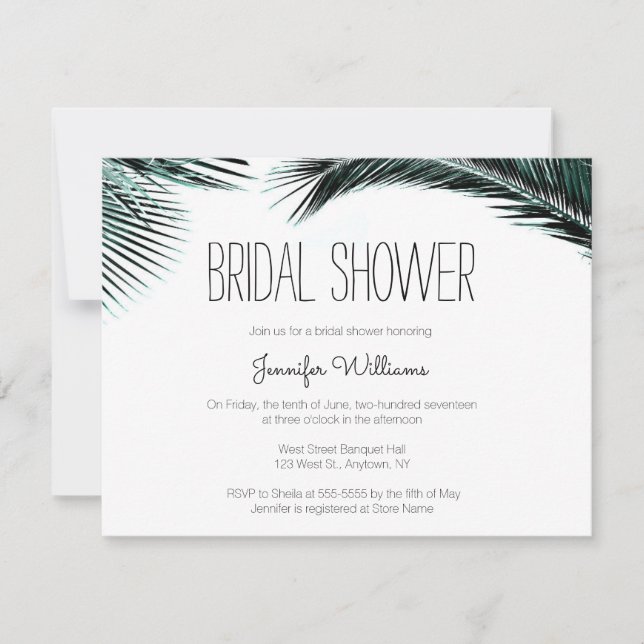 Palm leaves beach bridal shower invitations (Front)