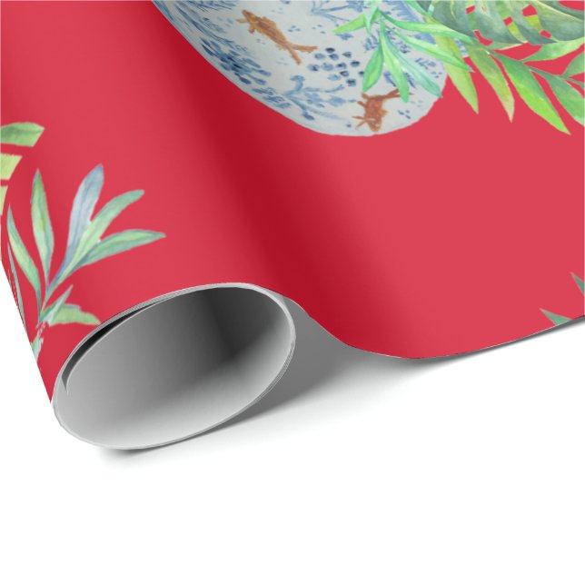 Palm Leaves Blue and White Ginger Jar Wrapping Paper (Roll Corner)