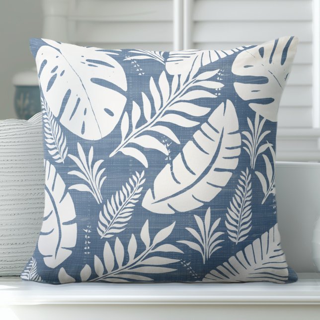Palm Leaves Blue and White Throw Pillow (Creator Uploaded)