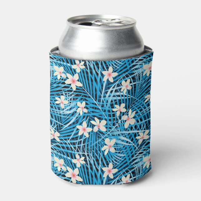 Palm Leaves Blue Pattern Can Cooler (Can Front)