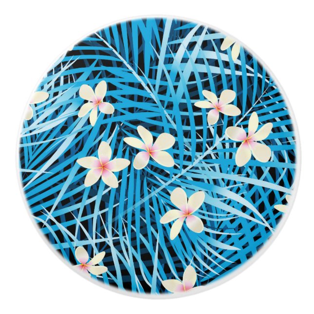 Palm Leaves Blue Pattern Ceramic Knob (Front)