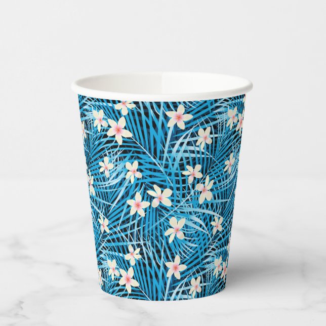 Palm Leaves Blue Pattern Paper Cups (Left)