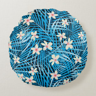 Palm Leaves Blue Pattern Round Pillow