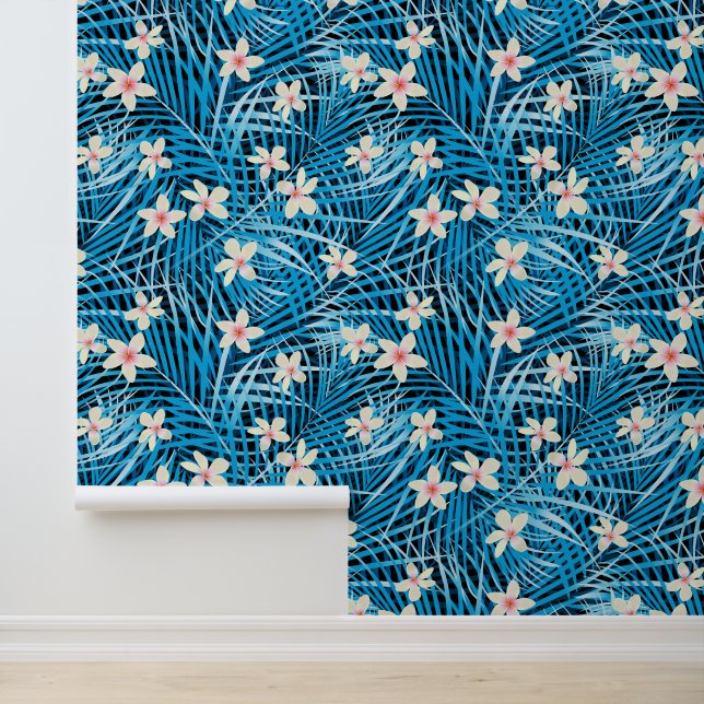 Palm Leaves Blue Pattern Wallpaper (Application)