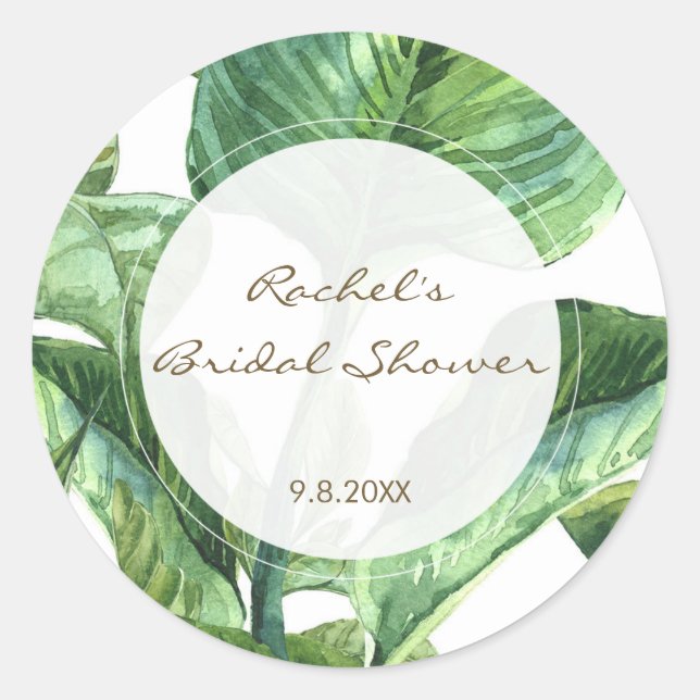 palm leaves botanical bridal shower favour classic round sticker (Front)
