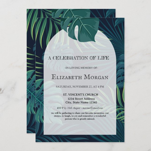 Palm Leaves Celebration Of Life  Invitation (Front/Back)