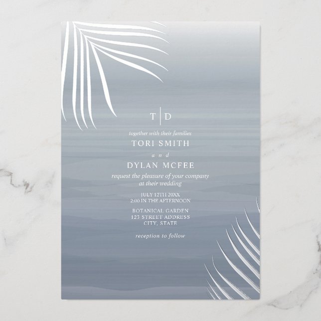 Palm Leaves Chambray Watercolor Beach Wedding (Front)