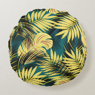 Palm Leaves: Dark Vintage Tropical Round Pillow