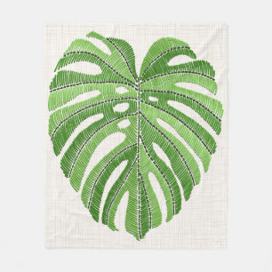 Palm leaves embroidered. Green Tropical Monstera l Fleece Blanket