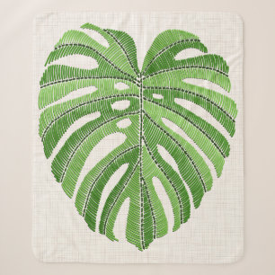 Palm leaves embroidered. Green Tropical Monstera l Sherpa Blanket