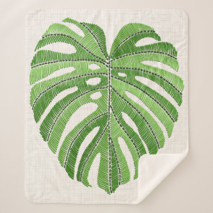 Palm leaves embroidered. Green Tropical Monstera l Sherpa Blanket