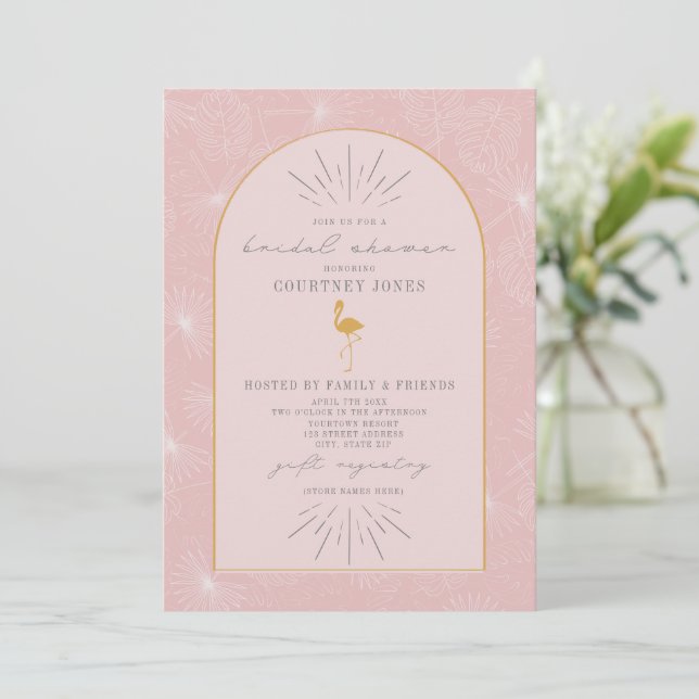Palm Leaves Flamingo Pink Yellow Bridal Shower  Invitation (Standing Front)