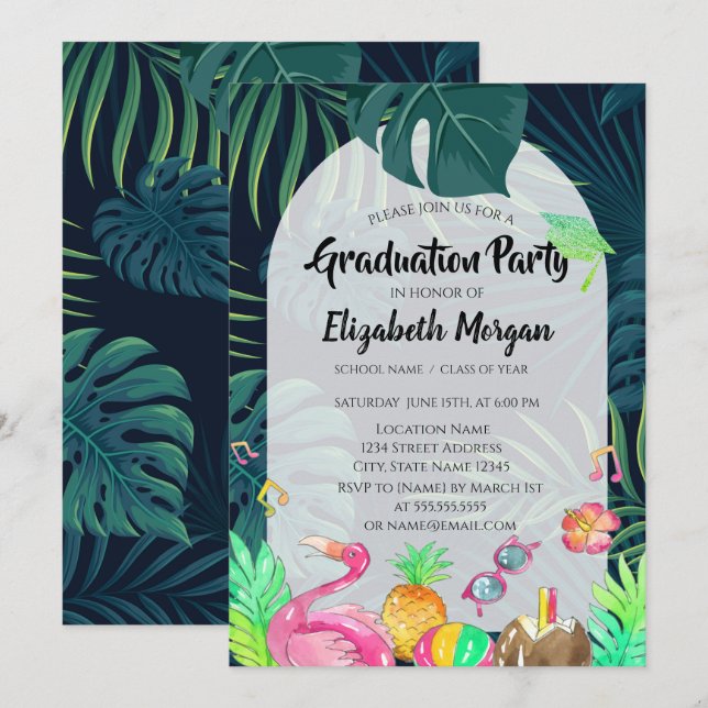 Palm Leaves Glitter Grad Cap,Graduation  Invitation (Front/Back)