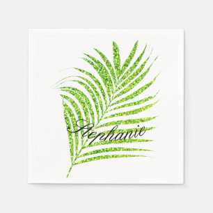 Palm Leaves Glittery Green Custom Name Cute Napkin