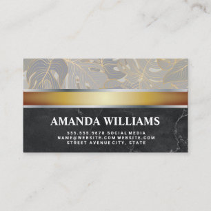 Palm Leaves   Gold Silver Metal   Black Marble Business Card