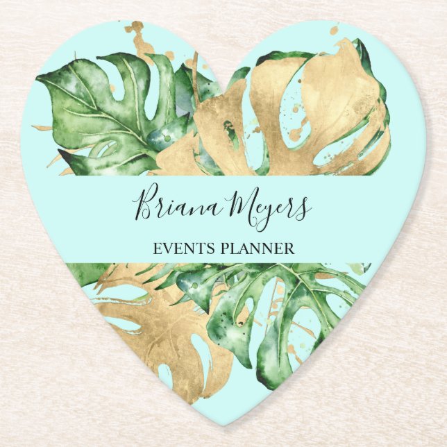 Palm Leaves Gold Tropical Teal Paper Coaster (Front)