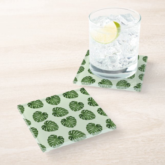 Palm Leaves, Green Leaves, Tropical Pattern Glass Coaster (Angled)