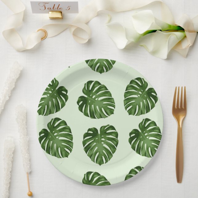 Palm Leaves, Green Leaves, Tropical Pattern Paper Plate (Wedding)