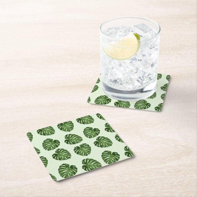 Palm Leaves, Green Leaves, Tropical Pattern Square Paper Coaster (Insitu)